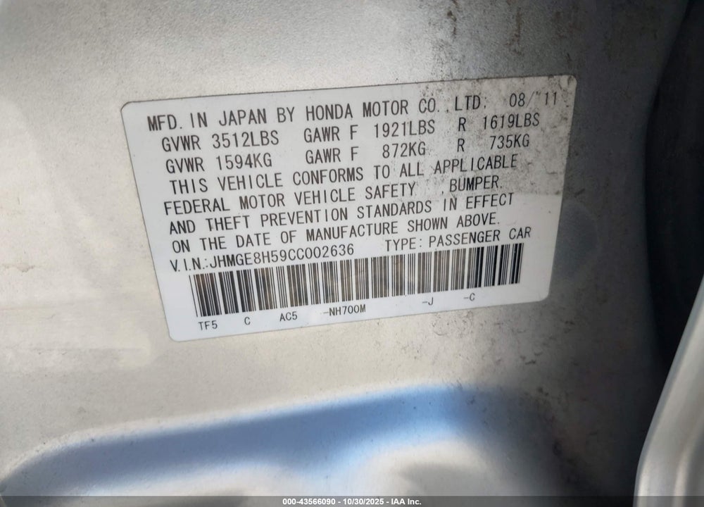2012 HONDA FIT SPORT VIN: JHMGE8H59CC002636