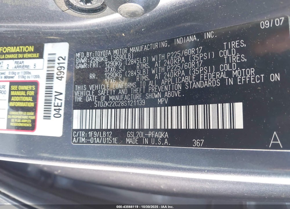 2008 TOYOTA SIENNA XLE VIN: 5TDZK22C28S121139