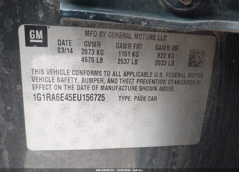 2014 CHEVROLET VOLT VIN: 1G1RA6E45EU156725