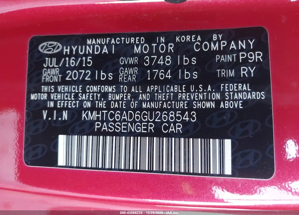 2016 HYUNDAI VELOSTER VIN: KMHTC6AD6GU268543