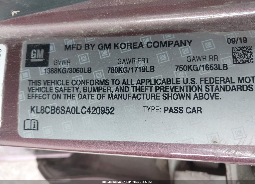 2020 CHEVROLET SPARK VIN: KL8CB6SA0LC420952