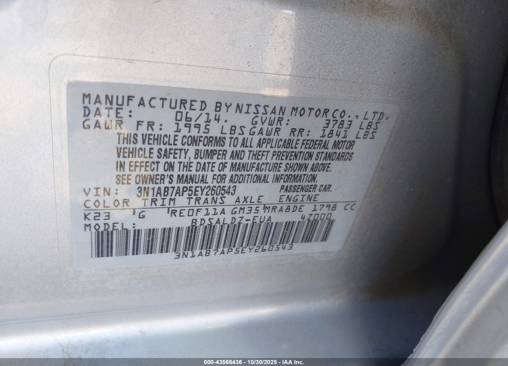 2014 NISSAN SENTRA FE+ S/FE+ SV/S/SL/SR/SV VIN: 3N1AB7AP5EY260543