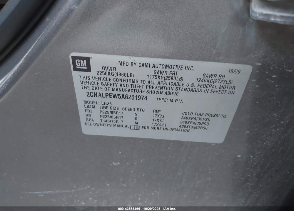 2010 CHEVROLET EQUINOX LT VIN: 2CNALPEW5A6251974