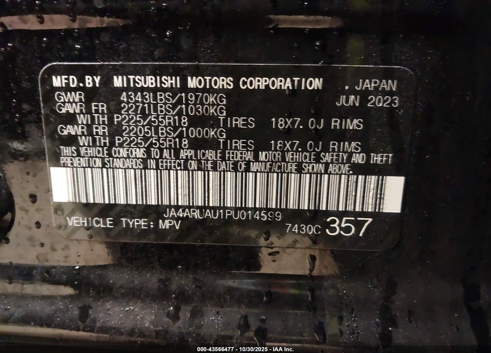 2023 MITSUBISHI OUTLANDER SPORT 2.0 LE AWC VIN: JA4ARUAU1PU014599