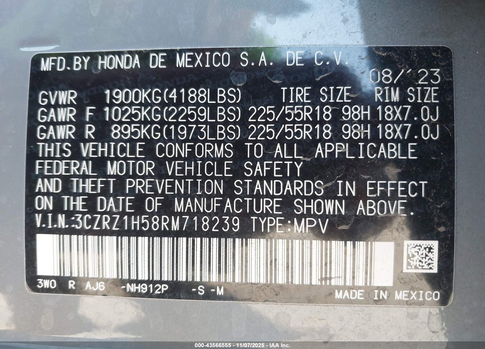 2024 HONDA HR-V 2WD SPORT/2WD SPORT W/O BSI VIN: 3CZRZ1H58RM718239
