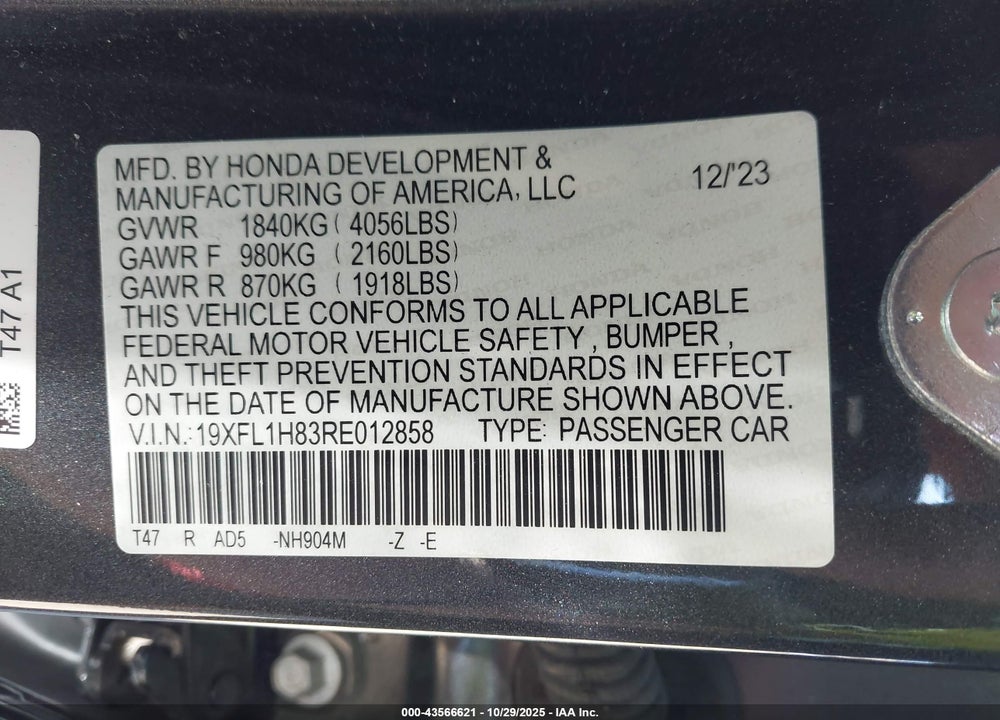 2024 HONDA CIVIC SPORT TOURING VIN: 19XFL1H83RE012858