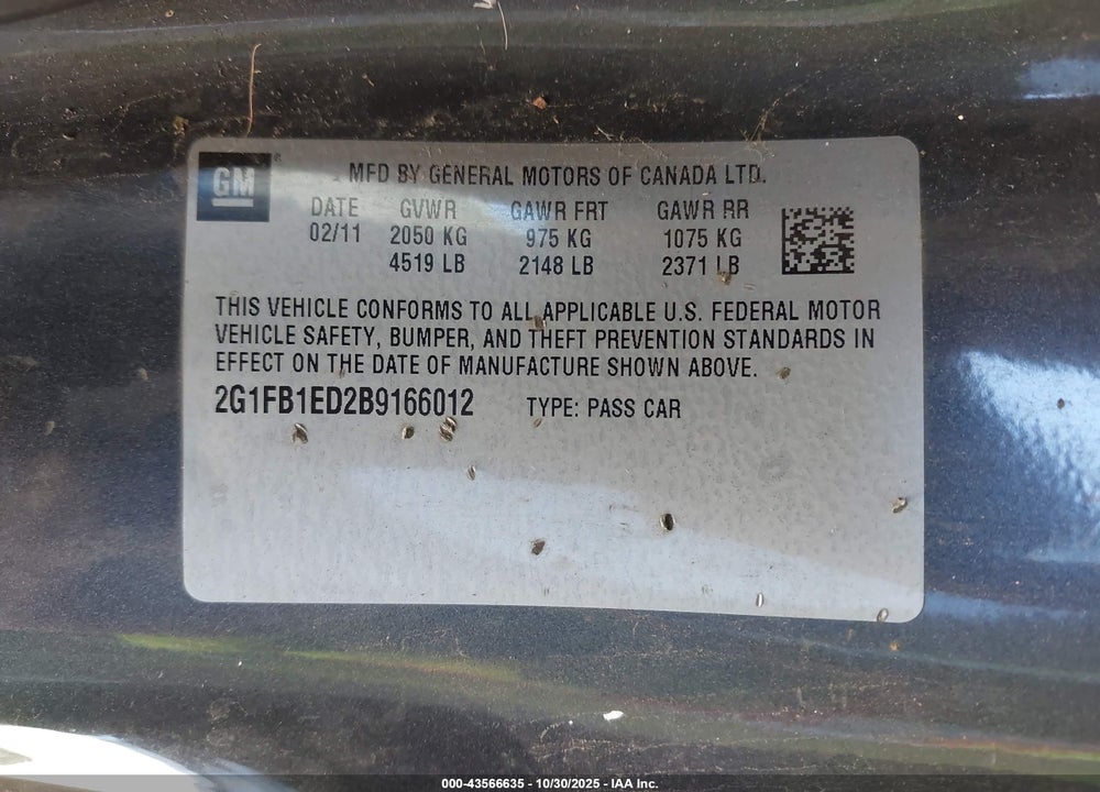 2011 CHEVROLET CAMARO 1LT VIN: 2G1FB1ED2B9166012