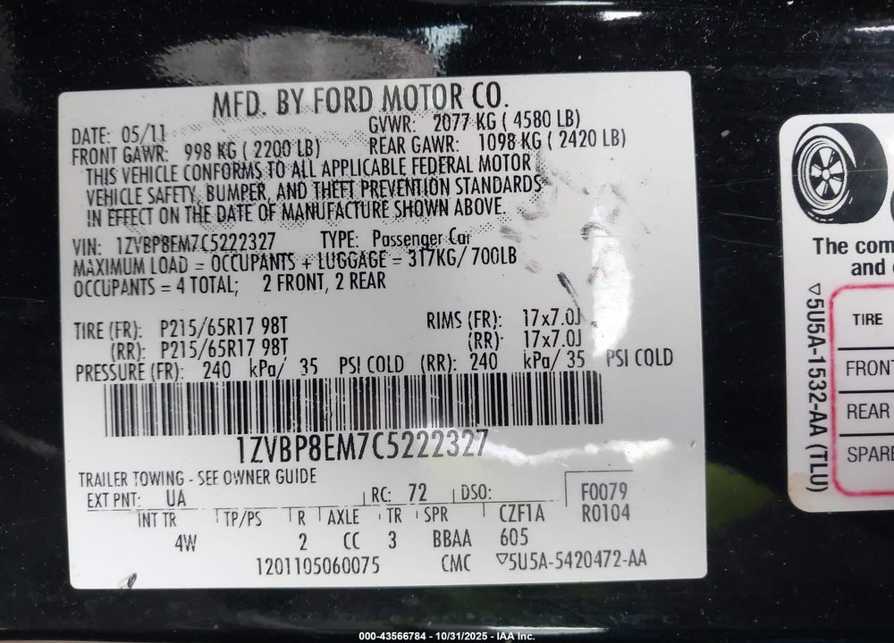 2012 FORD MUSTANG V6 PREMIUM VIN: 1ZVBP8EM7C5222327
