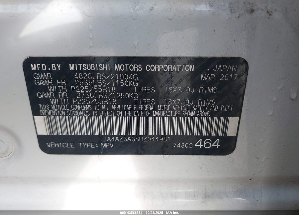 2017 MITSUBISHI OUTLANDER SE VIN: JA4AZ3A38HZ044981