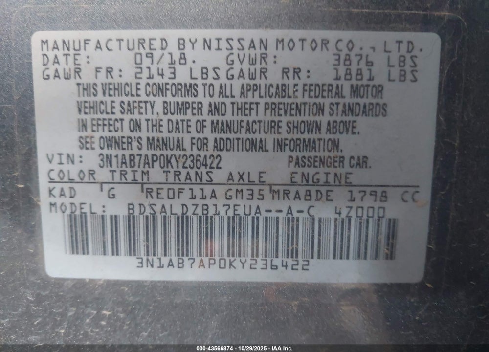 2019 NISSAN SENTRA VIN: 3N1AB7AP0KY236422