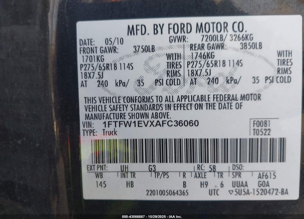 2010 FORD F-150 VIN: 1FTFW1EVXAFC36060