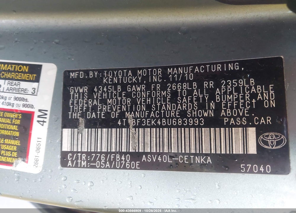 2011 TOYOTA CAMRY LE VIN: 4T1BF3EK4BU683993