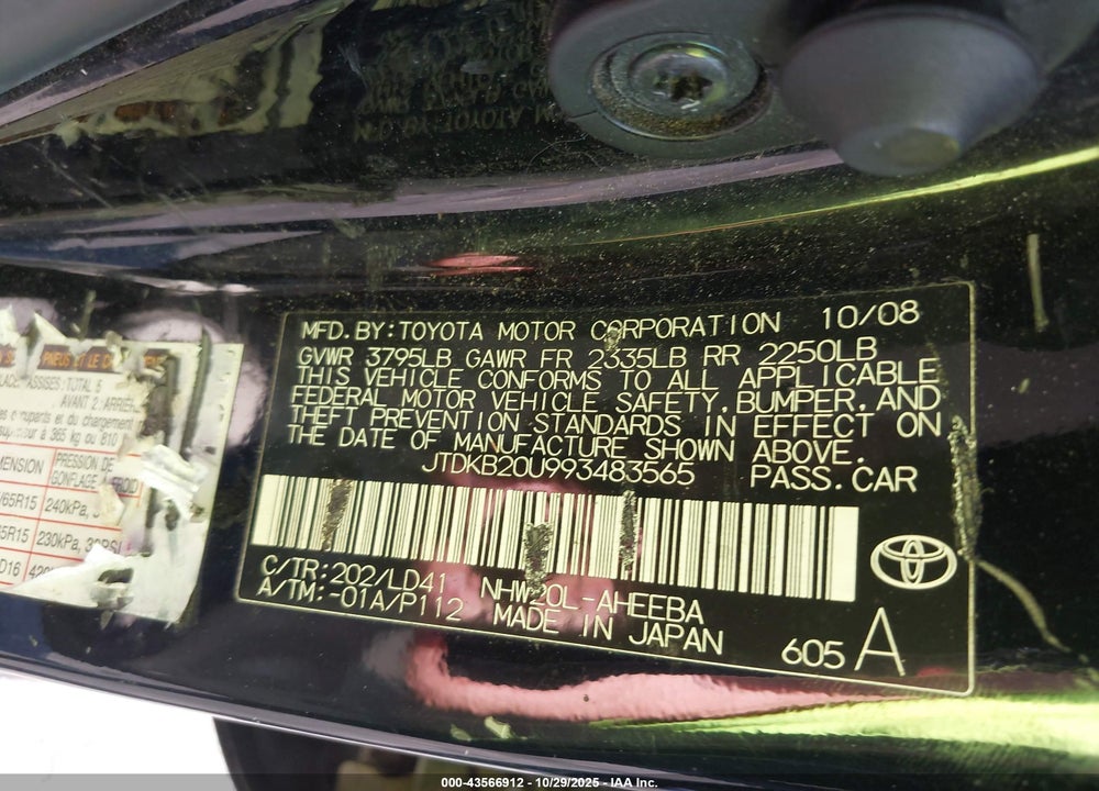 2009 TOYOTA PRIUS VIN: JTDKB20U993483565