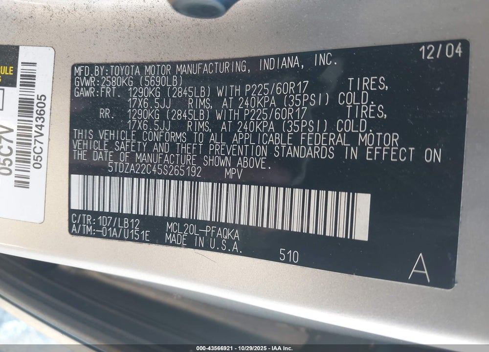 2005 TOYOTA SIENNA XLE LIMITED VIN: 5TDZA22C45S265192