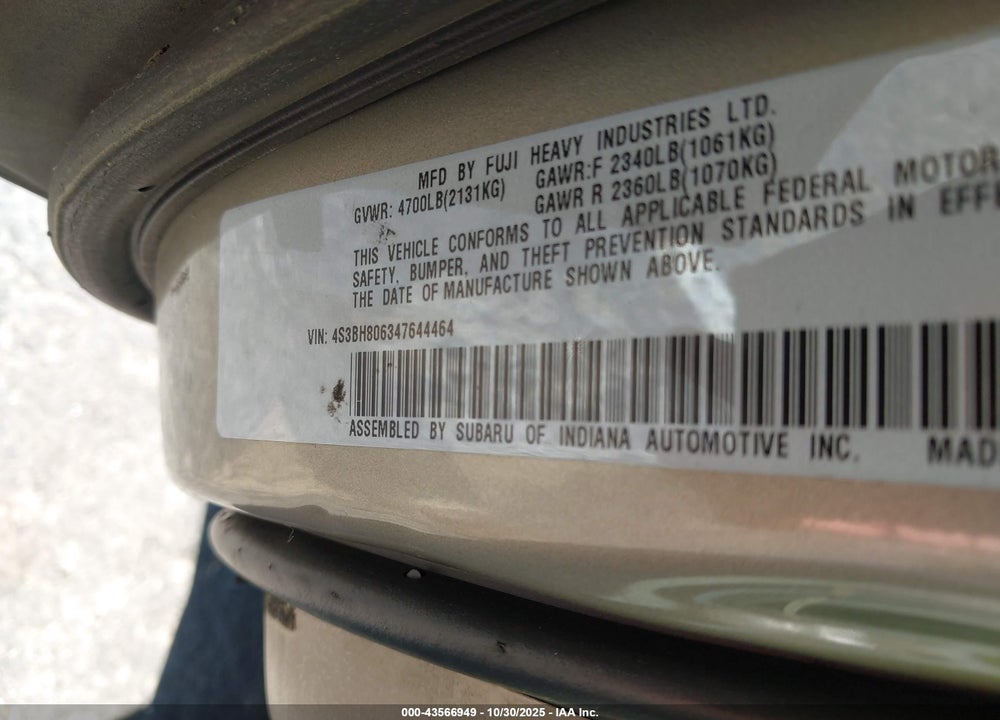 2004 SUBARU OUTBACK VIN: 4S3BH806347644464