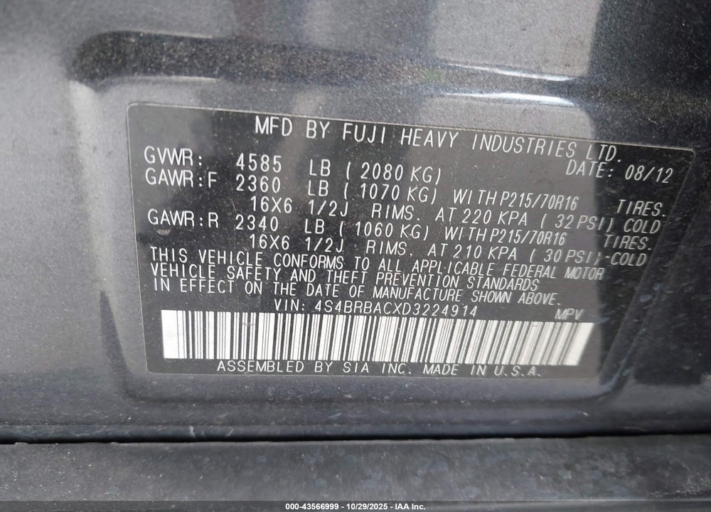 2013 SUBARU OUTBACK 2.5I VIN: 4S4BRBACXD3224914