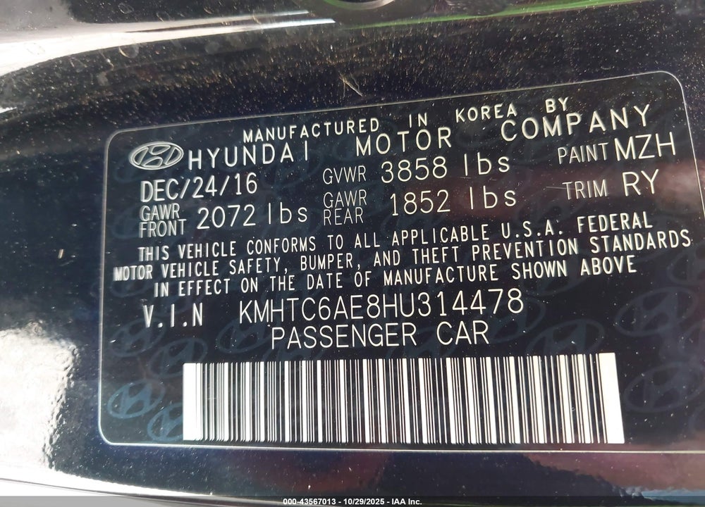 2017 HYUNDAI VELOSTER TURBO VIN: KMHTC6AE8HU314478