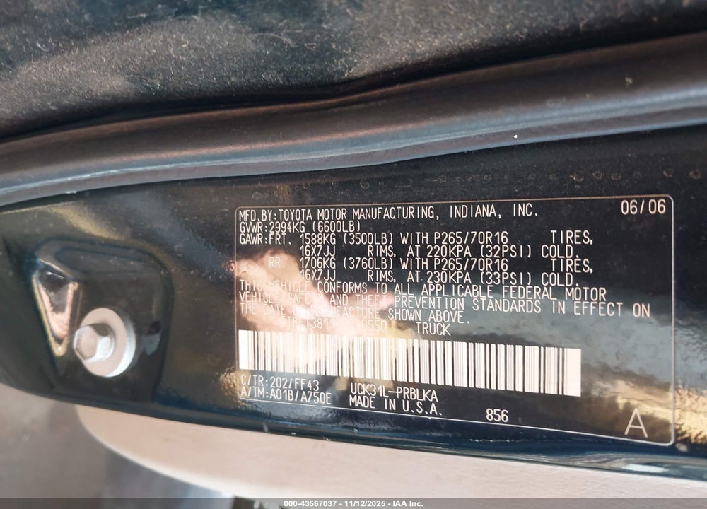 2006 TOYOTA TUNDRA VIN: 5TBET38116S540550