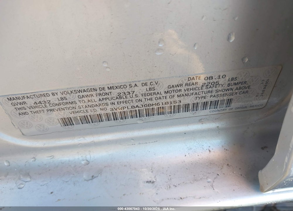 2011 VOLKSWAGEN JETTA TDI VIN: 3VWPL8AJ0BM618153