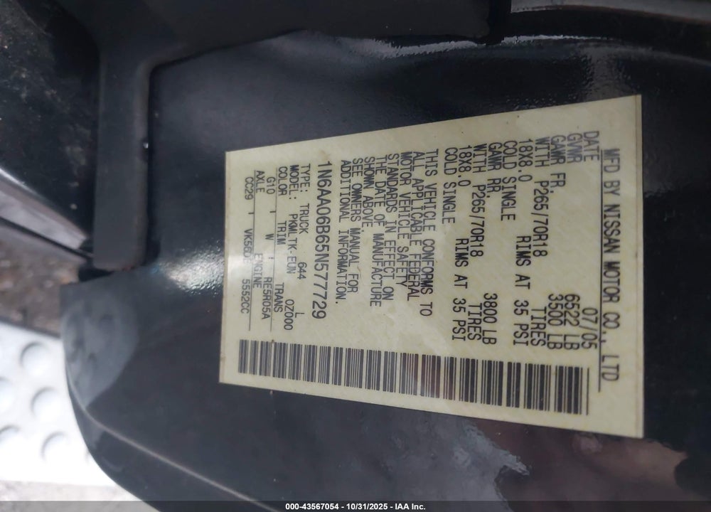 2005 NISSAN TITAN SE VIN: 1N6AA06B65N577729