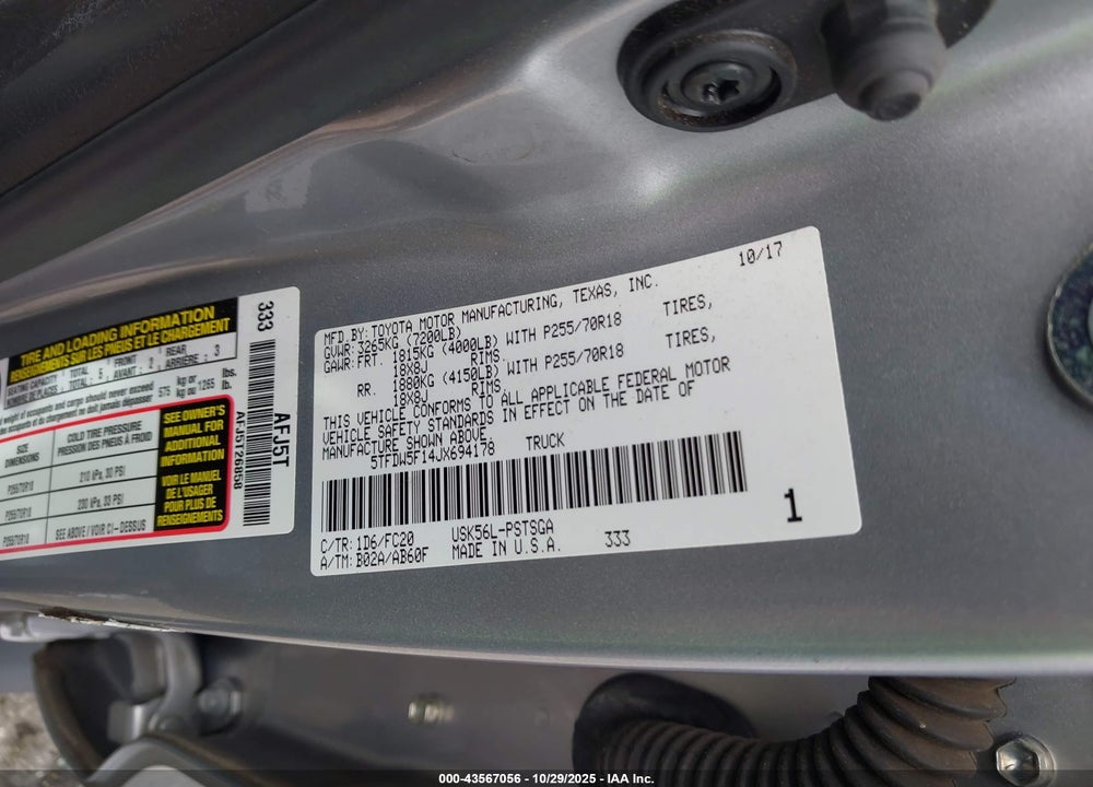 2018 TOYOTA TUNDRA SR5 5.7L V8 VIN: 5TFDW5F14JX694178