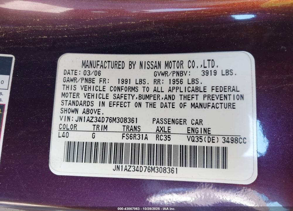 2006 NISSAN 350Z VIN: JN1AZ34D76M308361