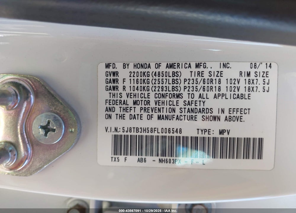 2015 ACURA RDX VIN: 5J8TB3H58FL006548