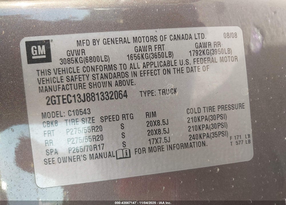 2008 GMC SIERRA 1500 SLE1 VIN: 2GTEC13J881332064