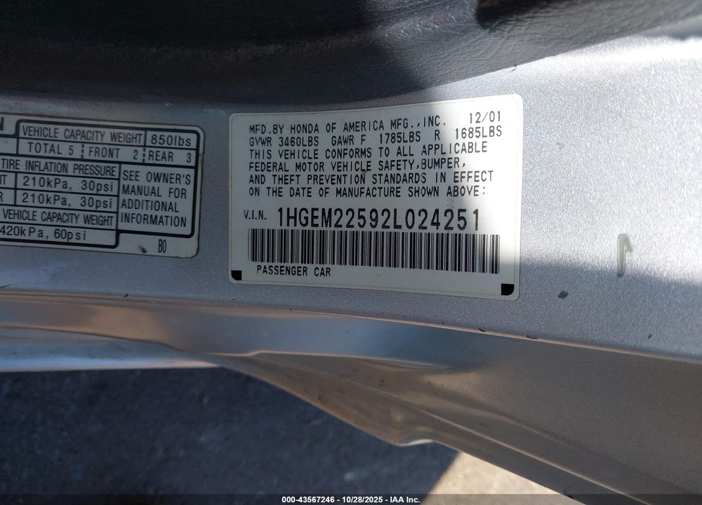 2002 HONDA CIVIC LX VIN: 1HGEM22592L024251