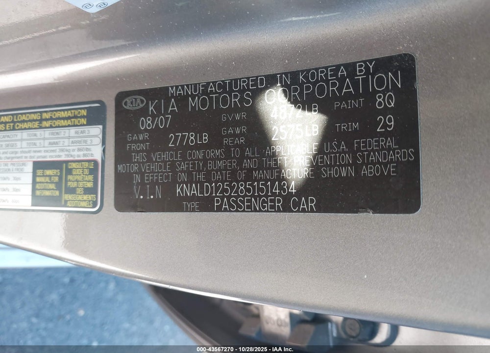 2008 KIA AMANTI VIN: KNALD125285151434