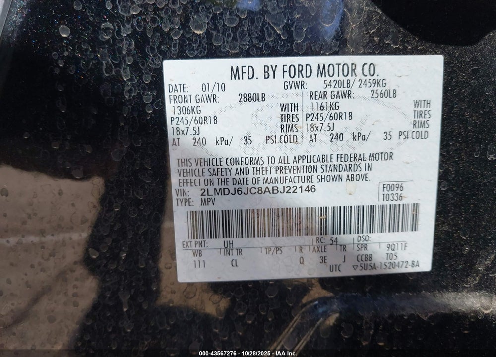 2010 LINCOLN MKX VIN: 2LMDJ6JC8ABJ22146