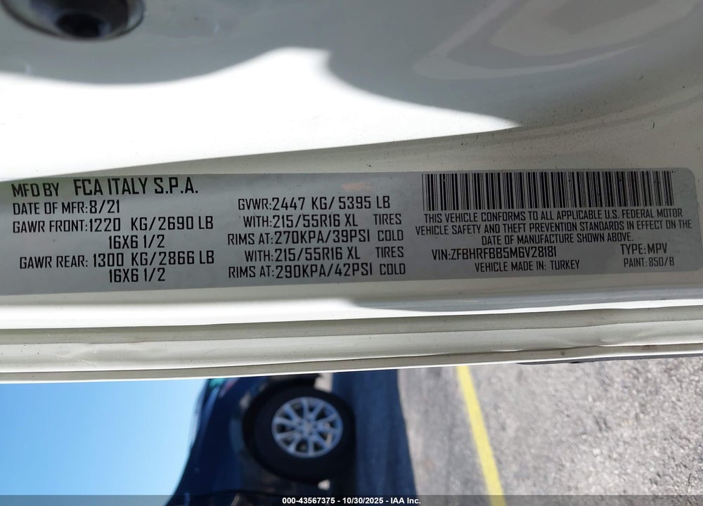 2021 RAM PROMASTER CITY TRADESMAN SLT VIN: ZFBHRFBB5M6V28181