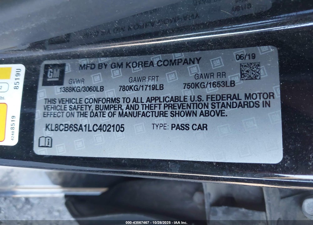 2020 CHEVROLET SPARK VIN: KL8CB6SA1LC402105