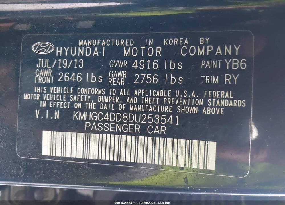 2013 HYUNDAI GENESIS 3.8 VIN: KMHGC4DD8DU253541