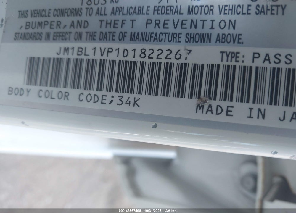 2013 MAZDA 3 I TOURING VIN: JM1BL1VP1D1822267