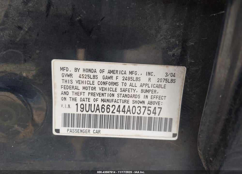 2004 ACURA TL VIN: 19UUA66244A037547