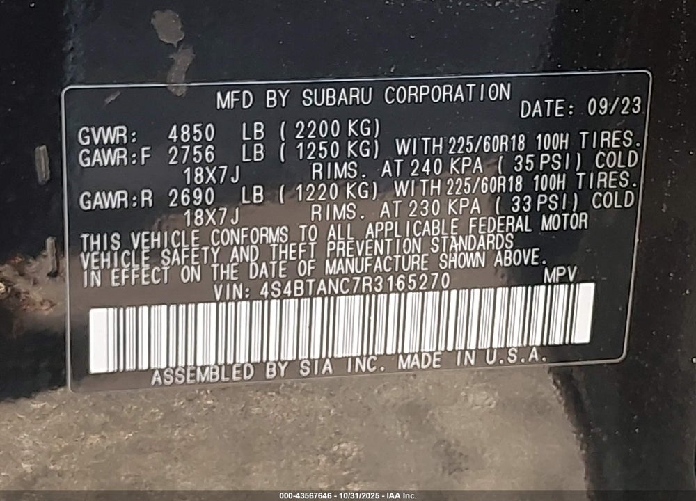 2024 SUBARU OUTBACK VIN: 4S4BTANC7R3165270
