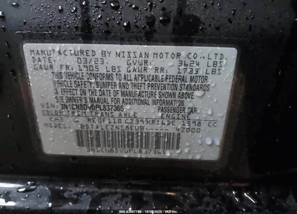 2023 NISSAN VERSA VIN: 3N1CN8DV0PL837365