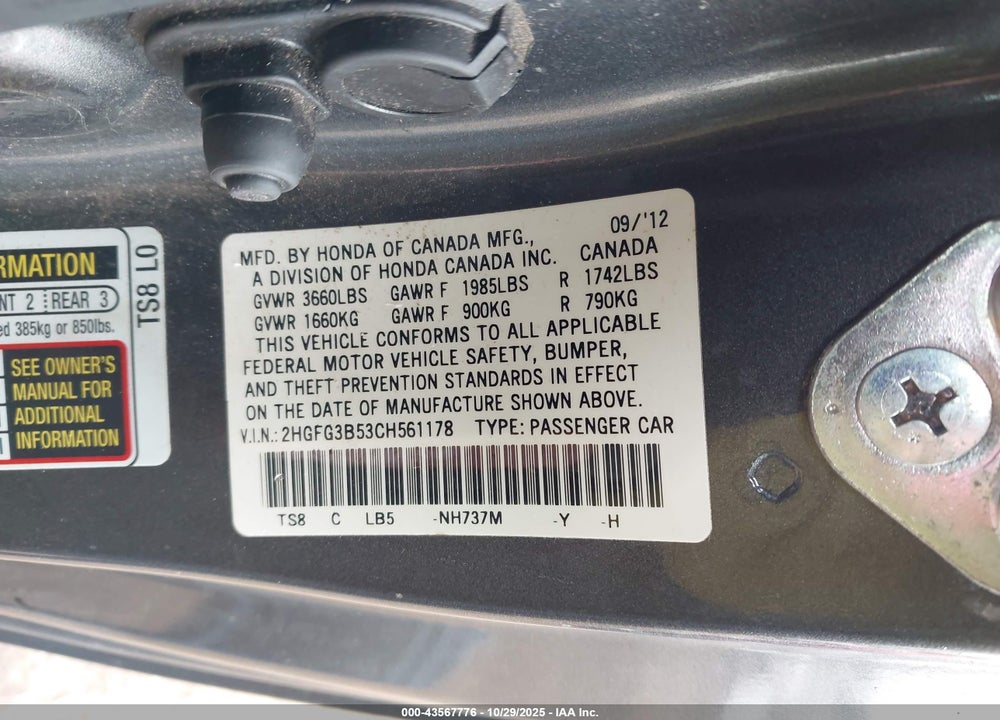 2012 HONDA CIVIC VIN: 2HGFG3B53CH561178
