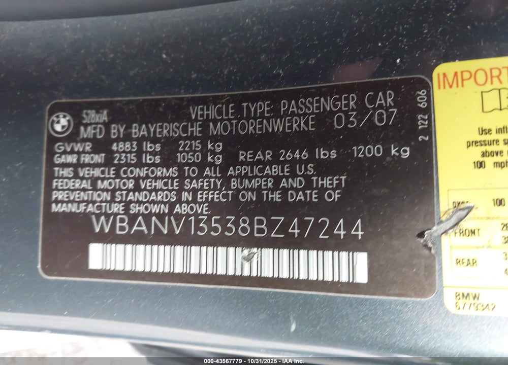 2008 BMW 528XI VIN: WBANV13538BZ47244