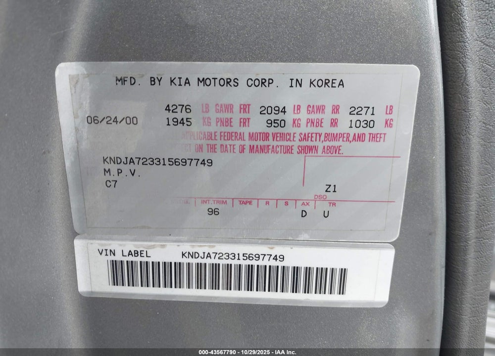 2001 KIA SPORTAGE EX/LIMITED VIN: KNDJA723315697749