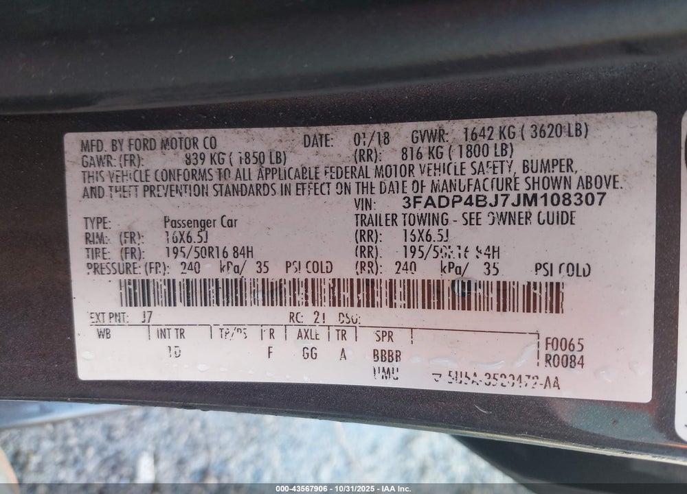 2018 FORD FIESTA VIN: 3FADP4BJ7JM108307