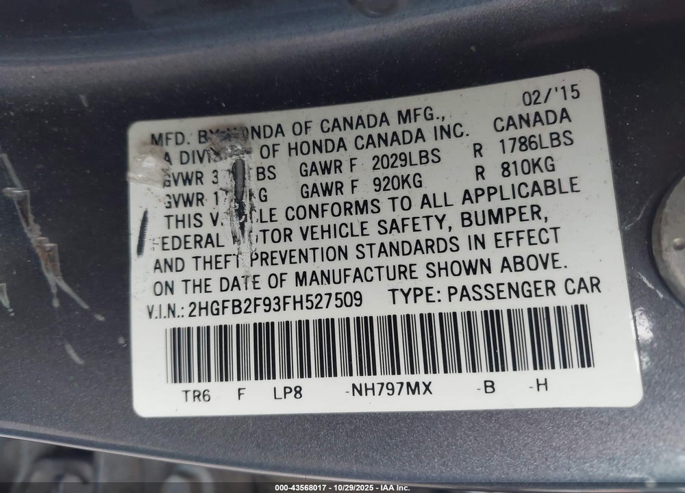 2015 HONDA CIVIC VIN: 2HGFB2F93FH527509