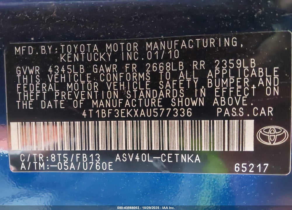 2010 TOYOTA CAMRY LE VIN: 4T1BF3EKXAU577336