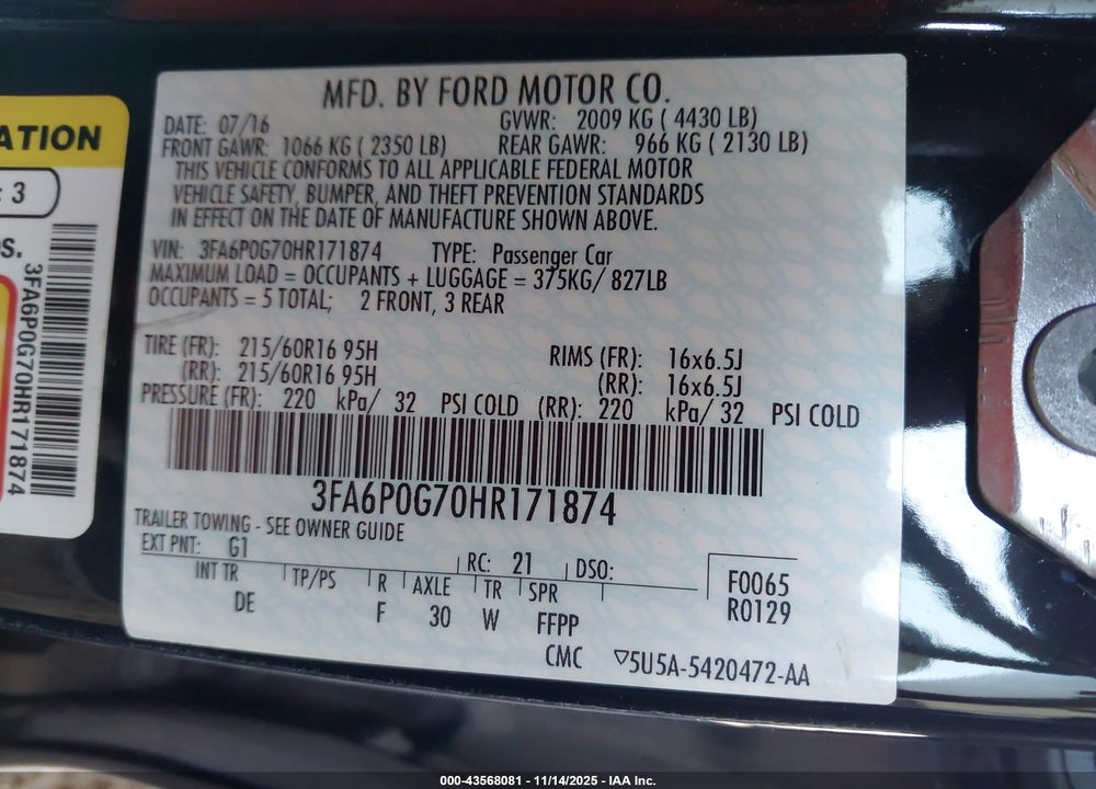 2017 FORD FUSION VIN: 3FA6P0G70HR171874