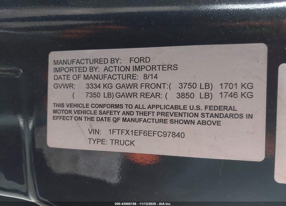 2014 FORD F-150 VIN: 1FTFX1EF6EFC97840