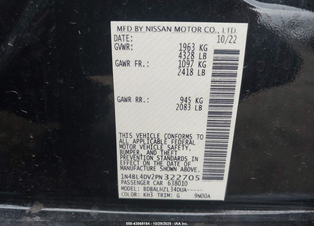 2023 NISSAN ALTIMA SV FWD VIN: 1N4BL4DV2PN322705