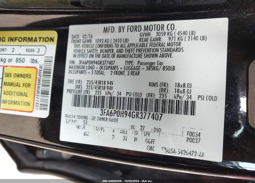 2016 FORD FUSION VIN: 3FA6P0H94GR377407