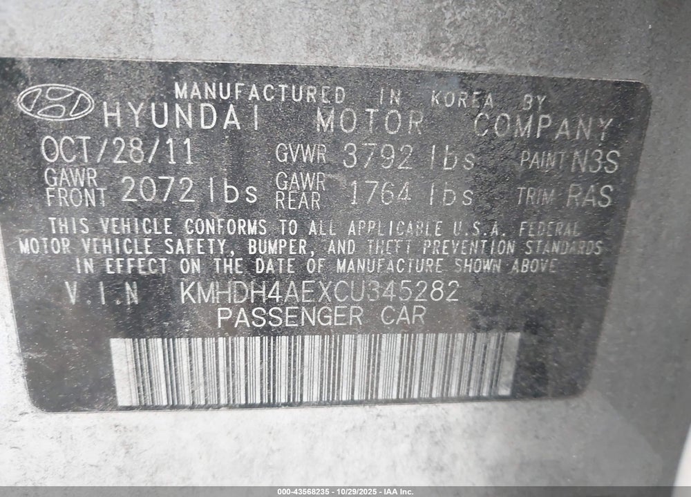 2012 HYUNDAI ELANTRA GLS (ULSAN PLANT) VIN: KMHDH4AEXCU345282