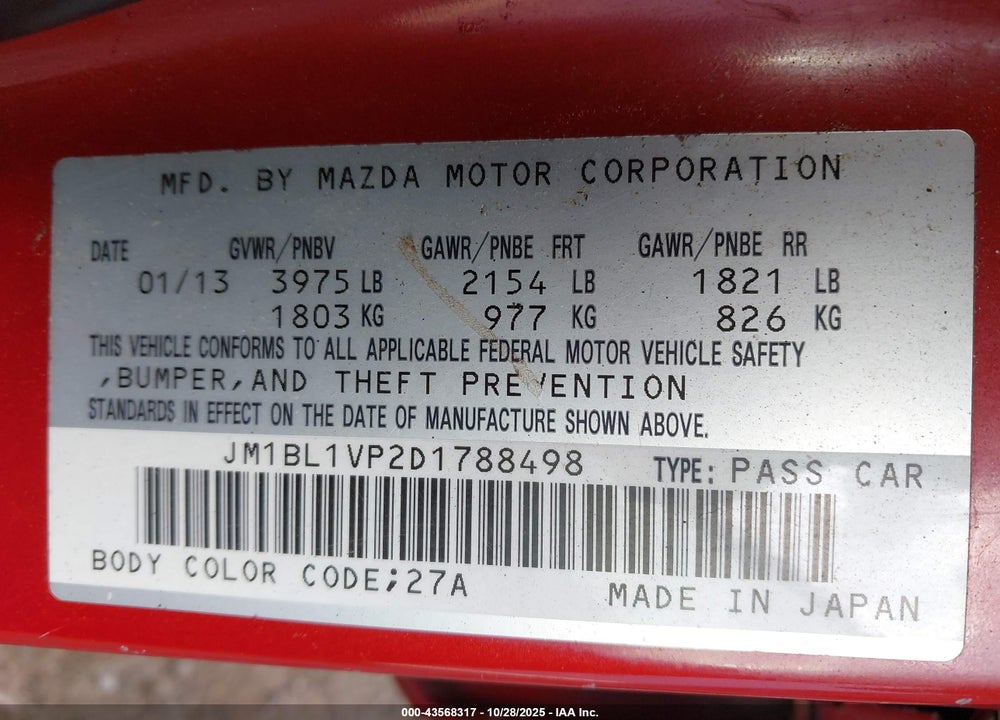 2013 MAZDA 3 I TOURING VIN: JM1BL1VP2D1788498